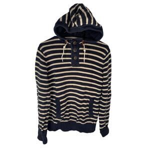 L.O.G.G. Striped Navy & Cream Knit Pullover Hoodie Sweater Size S